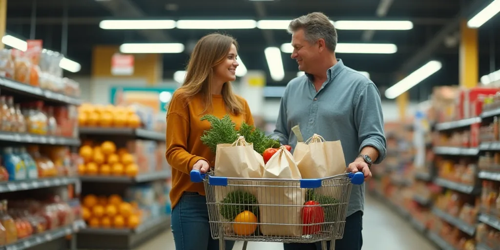 a man and woman are shopping in a grocery store with bags of groceries in the cart and a checkout co