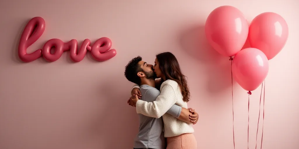 a man and woman hug each other in front of balloons and balloons on a wall with the word love, Aníb