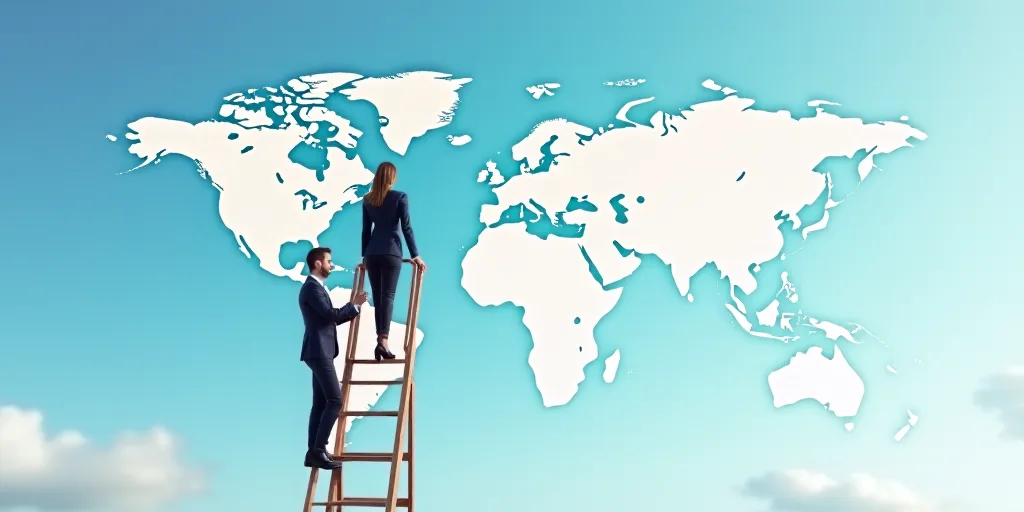 a man and woman in business attire standing on a ladder with a world map in the background and a blu