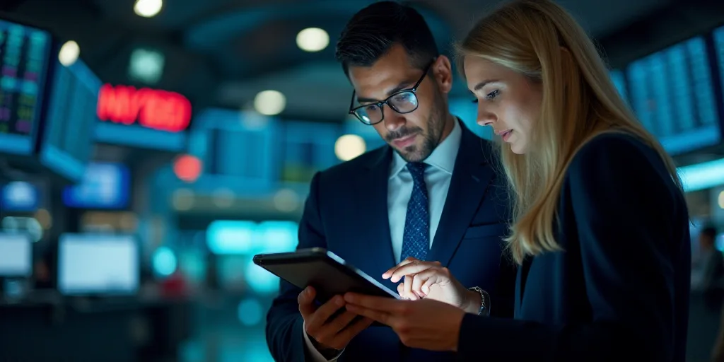 a man and woman looking at a tablet screen in a stock market with a man in a suit and tie, Andries S