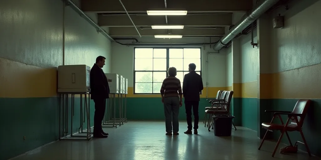a man and woman looking at a voting machine in a garage area of a building with a woman looking at a