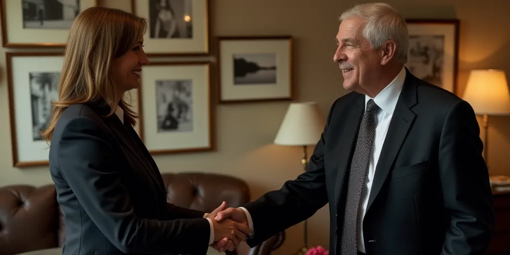 a man and woman shaking hands in a room with pictures on the wall behind them and a man in a suit an