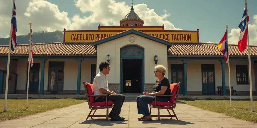 a man and woman sitting in chairs talking to each other in front of a building with flags and banner