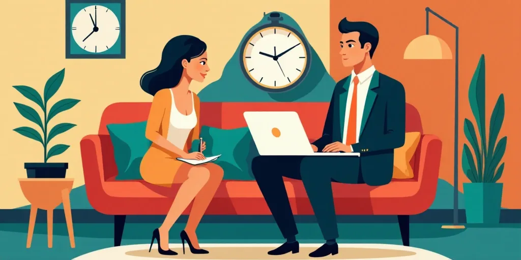 a man and woman sitting on a couch with a clock and laptop in front of them, and a man in a suit and