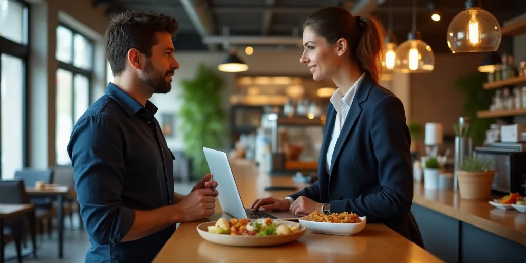 a man and woman standing in front of a counter with a laptop computer on it and a tray of food, Bour