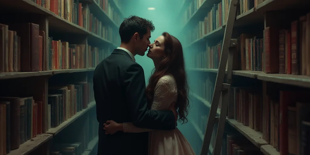 a man and woman standing next to each other in front of a book shelf with books on it and a ladder b