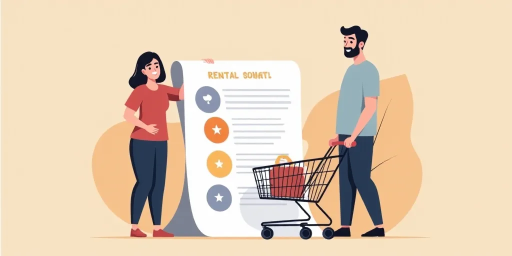 a man and woman standing next to a document with icons of renta and renta on it and a shopping cart,