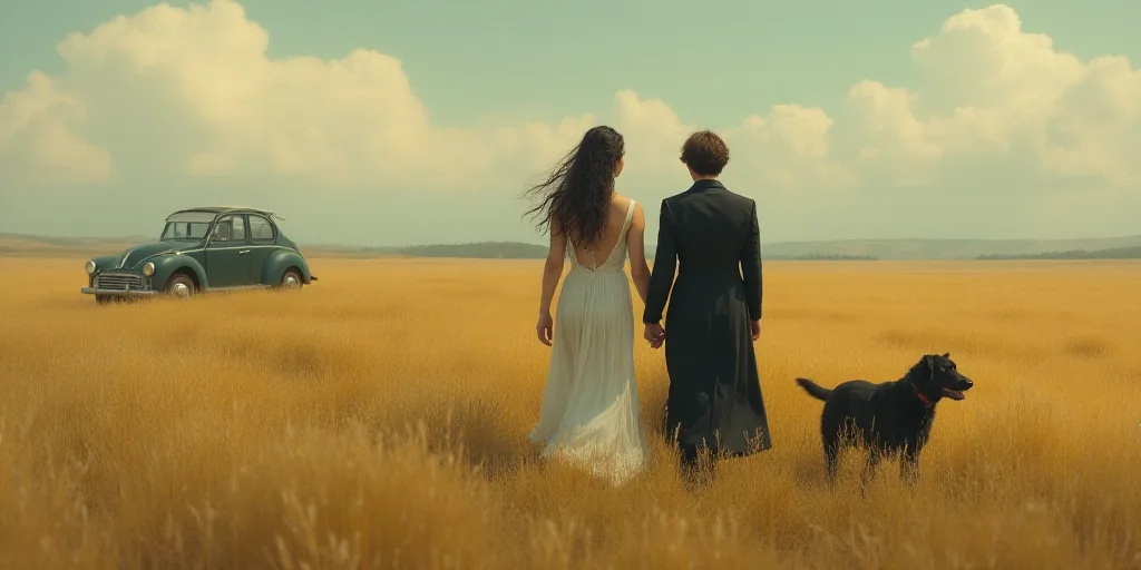 a man and woman walking in a field with a dog in the background and a car in the background, Araceli