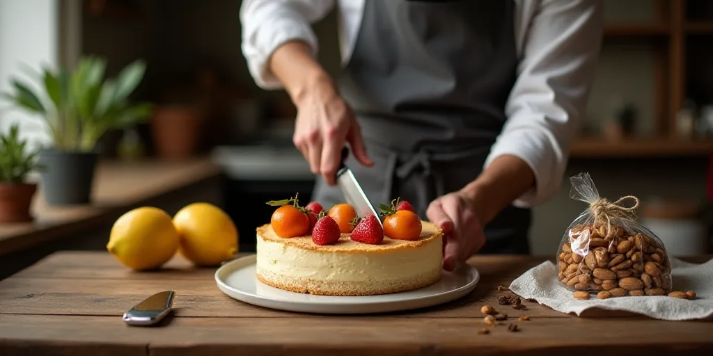 a man cutting a cake on a wooden table with a knife and a bag of fruit on it and a bag of nuts, Cefe