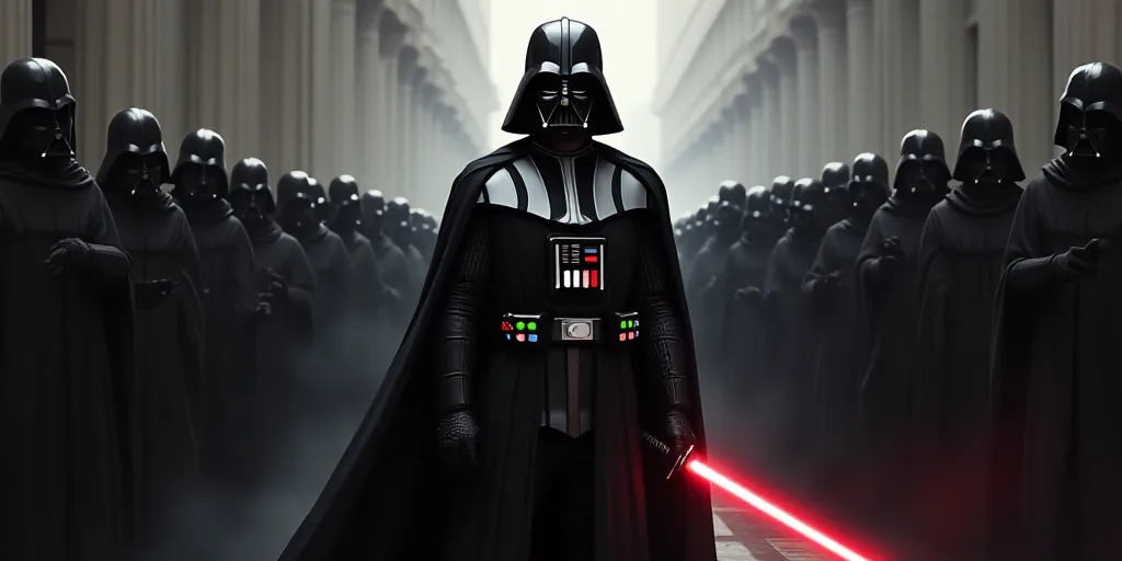 a man dressed as darth vader holding a sword in front of a crowd of people in black robes, Edward Ge