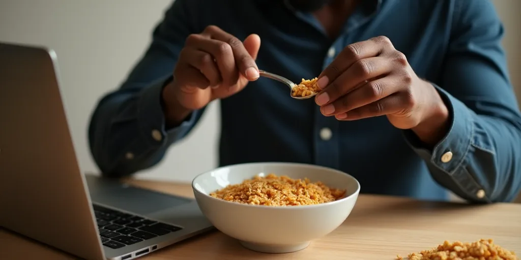 a man eating cereal while using a laptop computer at a table with a bowl of cereal in front of him,