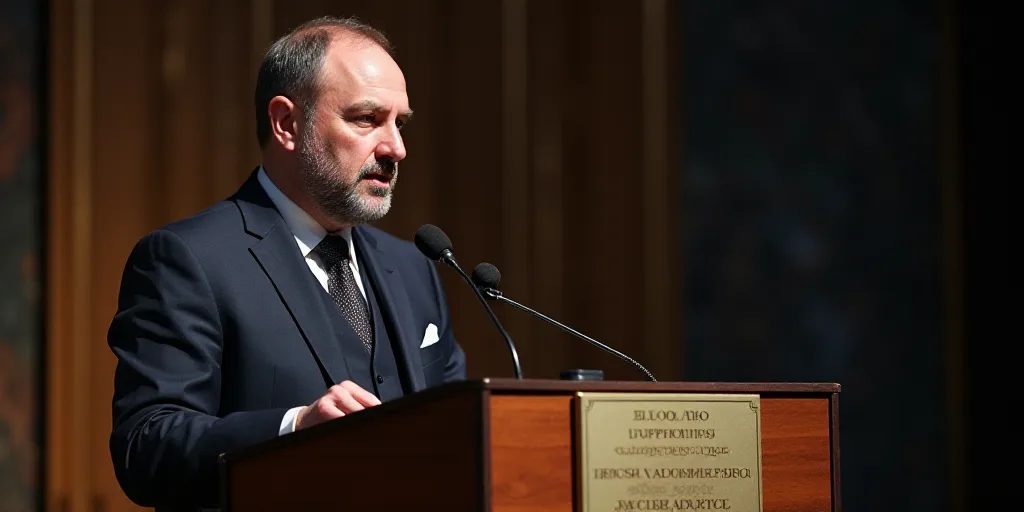 a man giving a speech at a podium with a microphone in front of him and a plaque behind him, Boris V