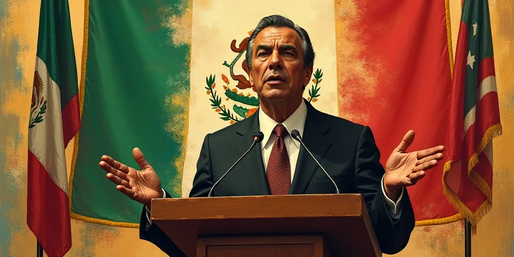 a man giving a speech at a podium with flags behind him and a mexican flag behind him with a mexican