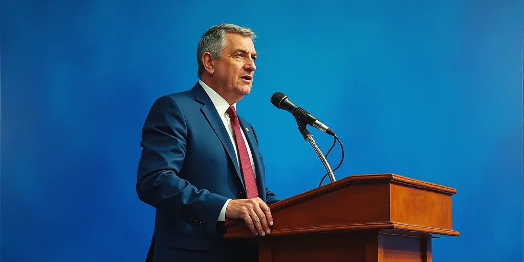 a man giving a speech at a podium with a microphone in front of him and a blue background behind him