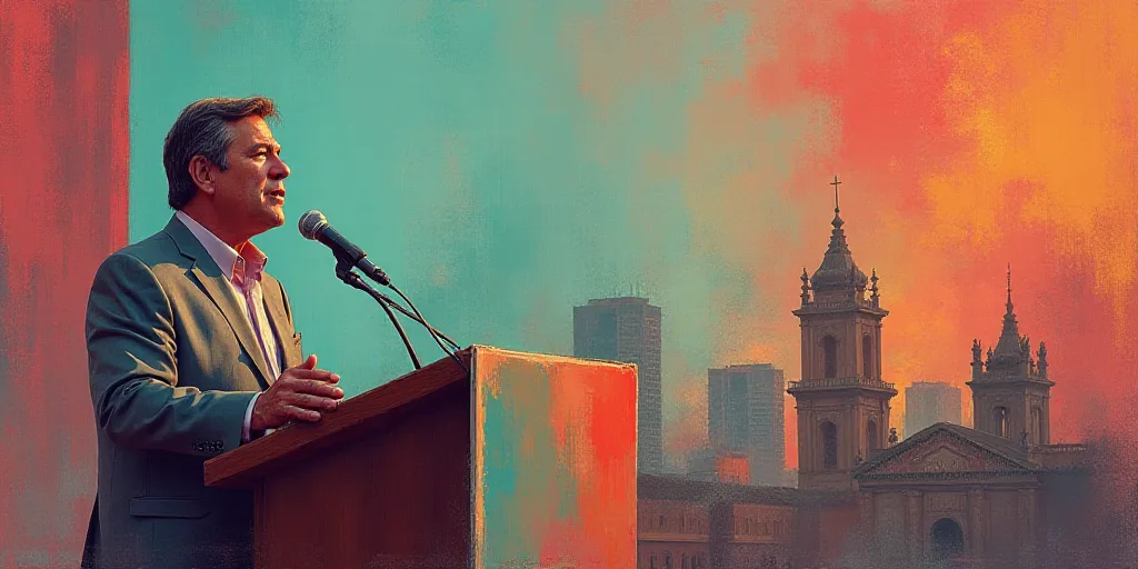 a man giving a speech at a podium with a microphone in front of him and a sign behind him, Carlos En