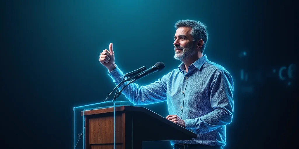 a man giving a thumbs up while standing at a podium with a microphone in front of him and a sign beh