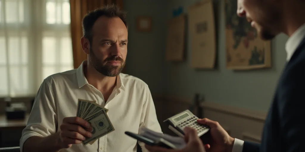 a man holding a bunch of money in his hand while another man looks on in the background with a calcu