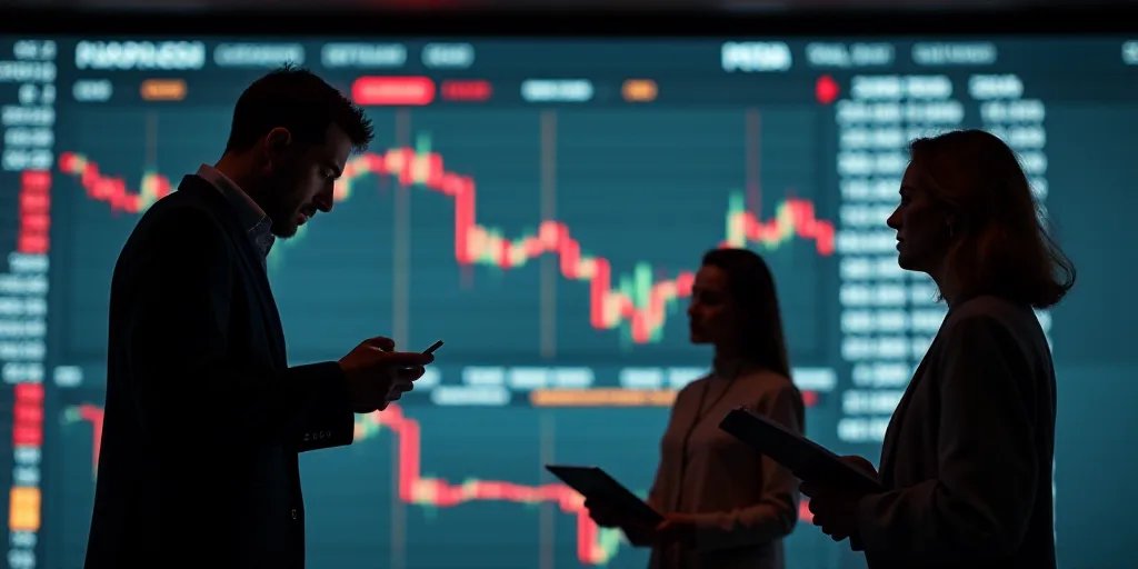 a man holding a cell phone in front of a stock market board with a woman looking at it and another w