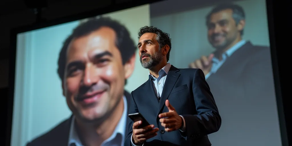 a man holding a cell phone in his right hand and a microphone in his left hand, in front of a large