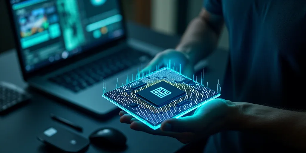 a man holding a computer processor in his hands and a laptop in the background with a lot of other e