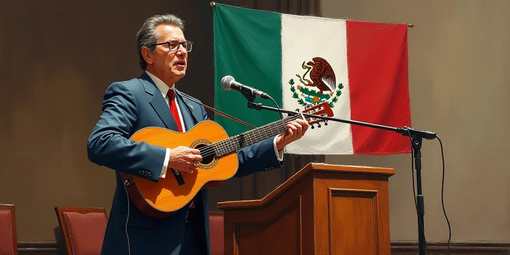 a man holding a guitar standing at a podium in front of a microphone and a flag of mexico behind him