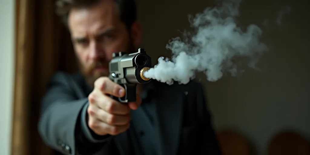 a man holding a gun with a bullet in it's mouth and a smoke billowing out of it, Dahlov Ipcar, 100mm