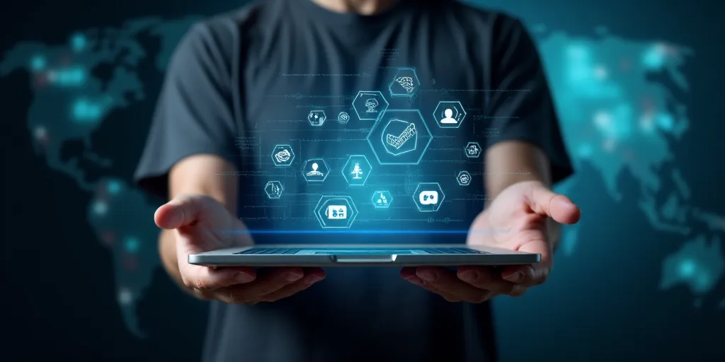 a man holding a laptop computer and a cell phone in his hands with a lot of icons on the screen, And