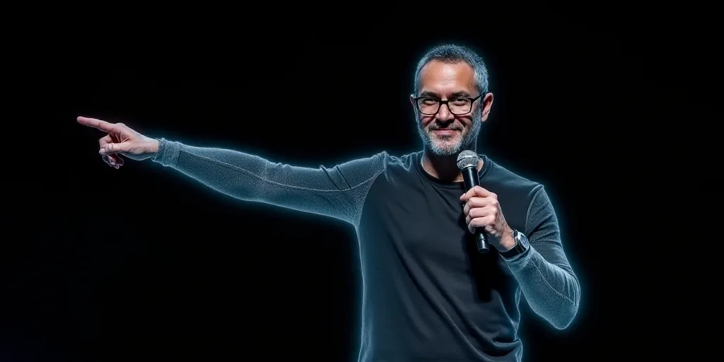 a man holding a microphone in his right hand and pointing to the side with his right hand and a blac