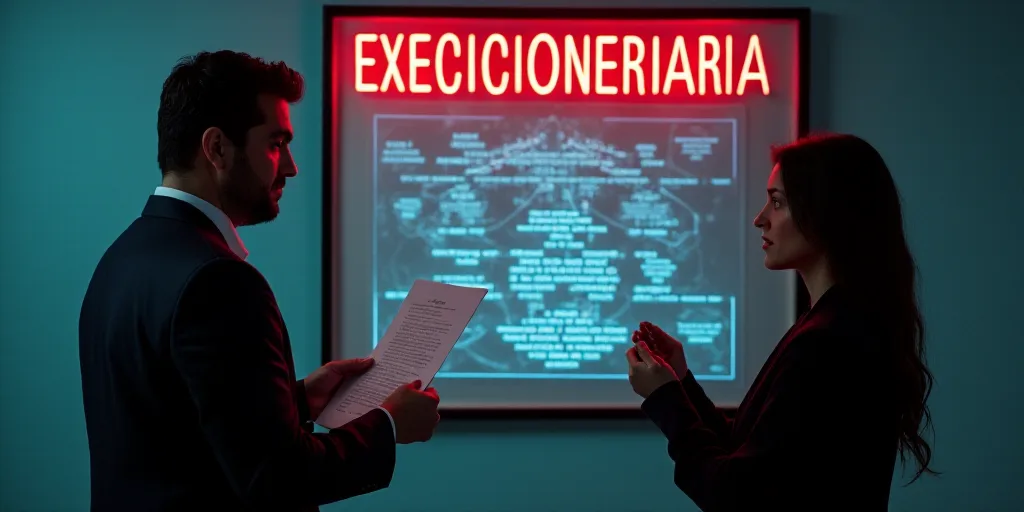 a man holding a paper and a woman holding a card in front of a sign that says, execcioneriaria de in
