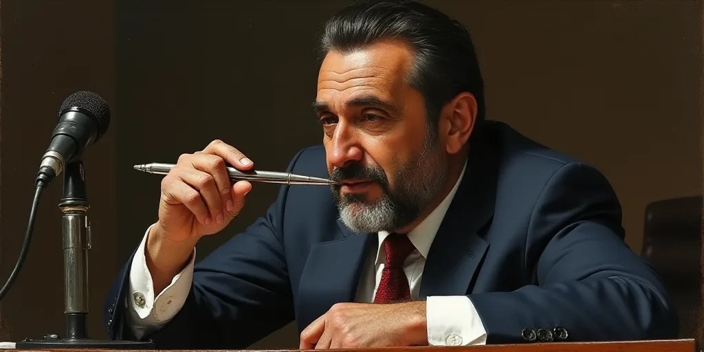 a man holding a pen and pointing to it with a finger in his mouth while sitting at a microphone, Car