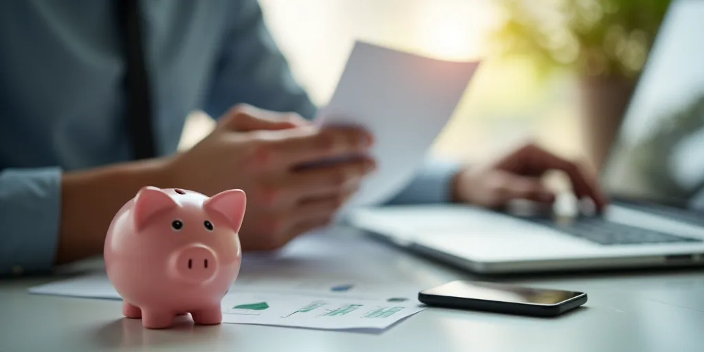 a man holding a piece of paper with a piggy bank sitting next to him on a desk next to a laptop, And