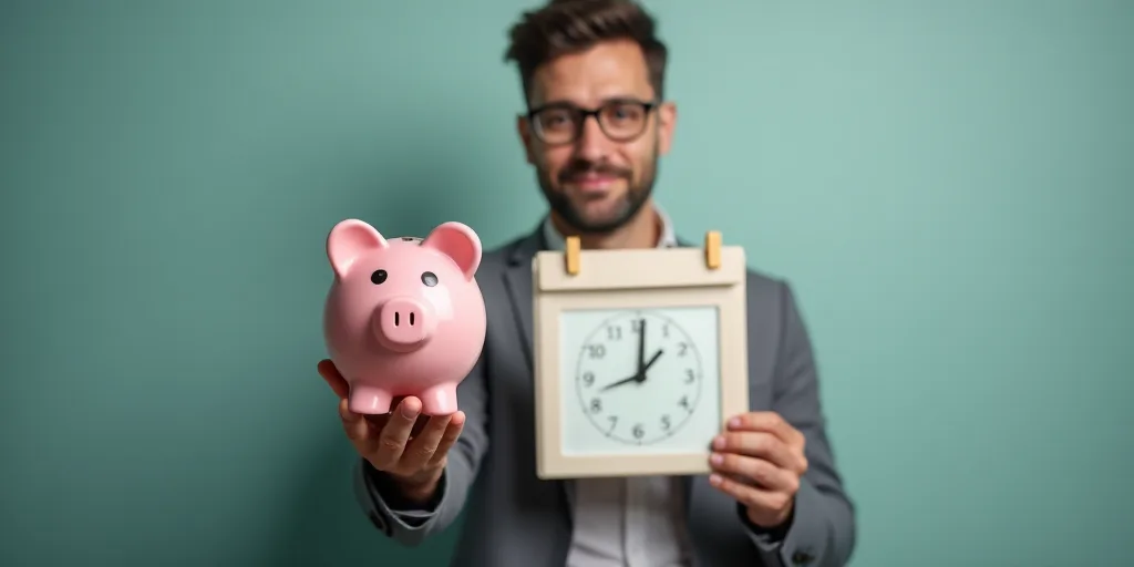 a man holding a piggy bank and a calendar with a clock on it and a calendar with a piggy bank, Avgus