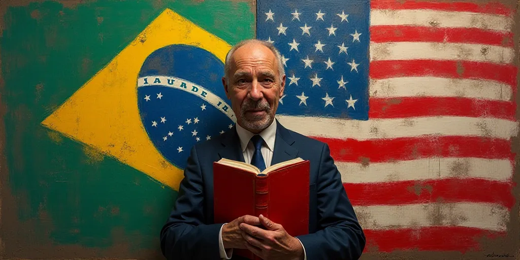 a man holding a red book in front of a flag of brazil and a flag of the united states, Carlos Catass