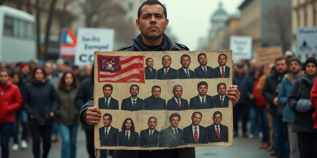 a man holding a sign with a bunch of pictures of men in suits on it and a flag in the middle, Federi