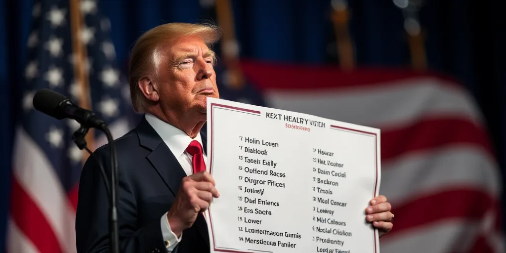 a man holding a sign with a list of presidential families on it in front of a microphone and america