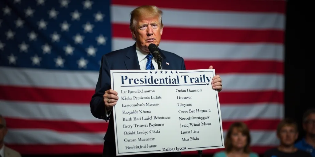 a man holding a sign with a list of presidential officials on it in front of a microphone and americ