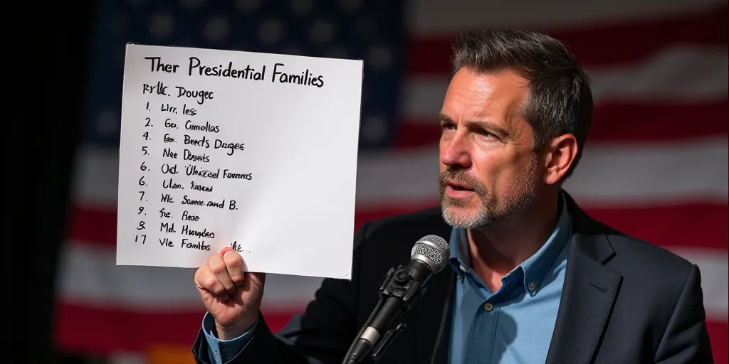 a man holding a sign with a list of presidential families on it in front of a microphone and america