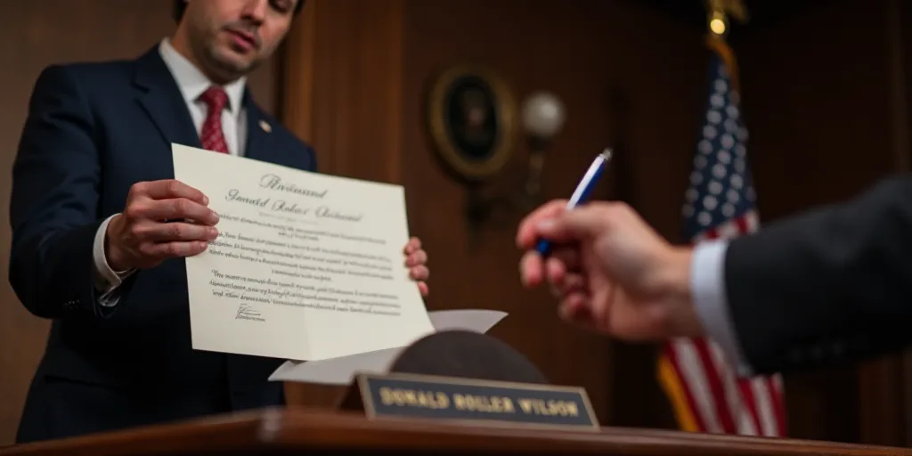 a man holding a signed document in front of a podium with a flag in the background and a person in a