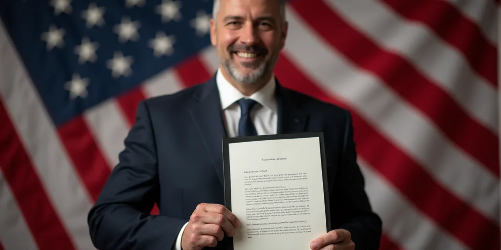 a man holding a signed document in front of an american flag and a flag in the background with a man