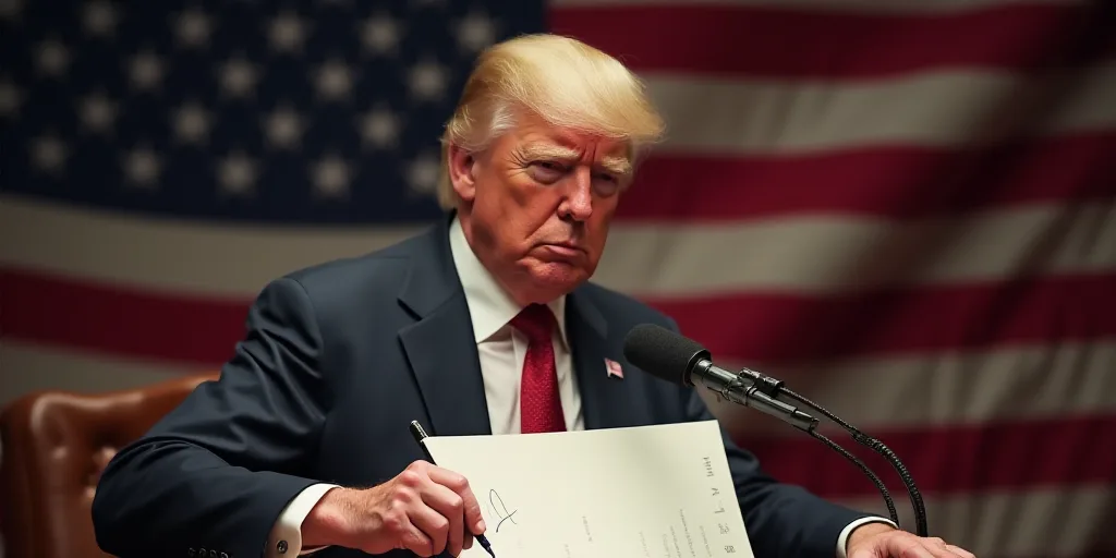 a man holding a signed document in front of a microphone and american flag in the background with a