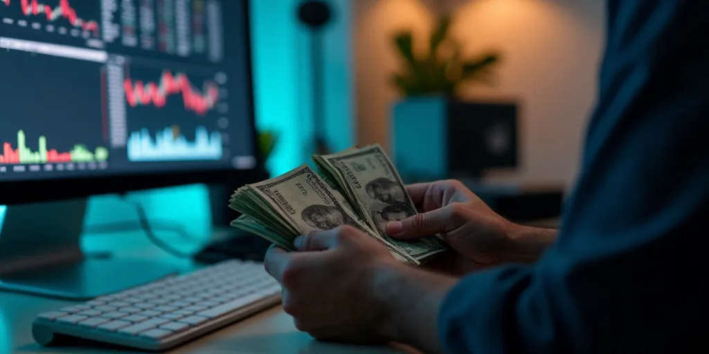 a man holding a stack of money in front of a computer screen with a monitor on it and a keyboard, An