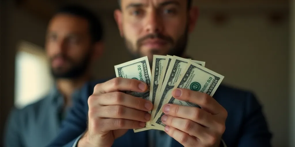 a man holding a stack of money in his hands while another man looks on in the background in a room,