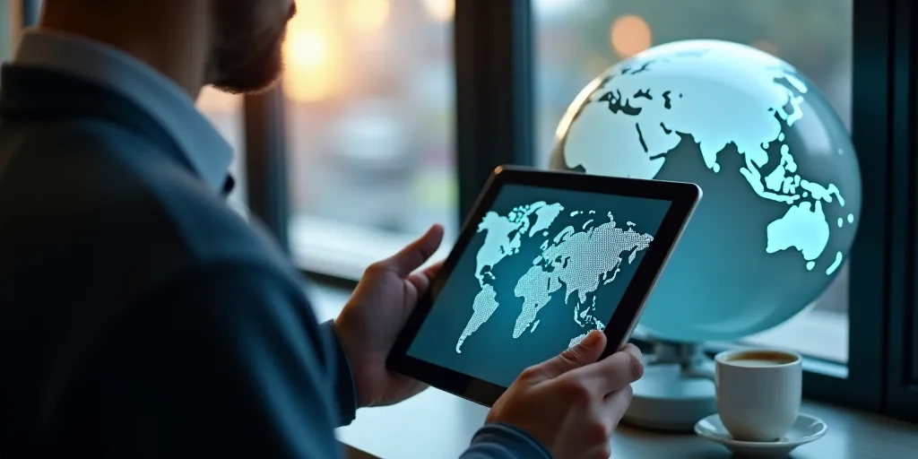 a man holding a tablet in front of a window with a world globe on it and a cup of coffee, Andries St