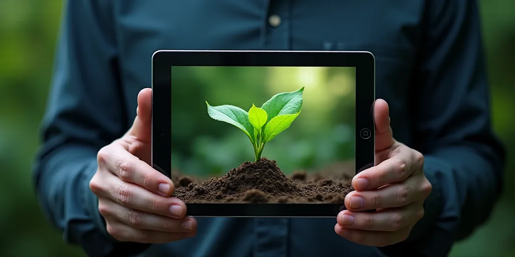 a man holding a tablet with a picture of a garden on it and a video of a plant being displayed on th