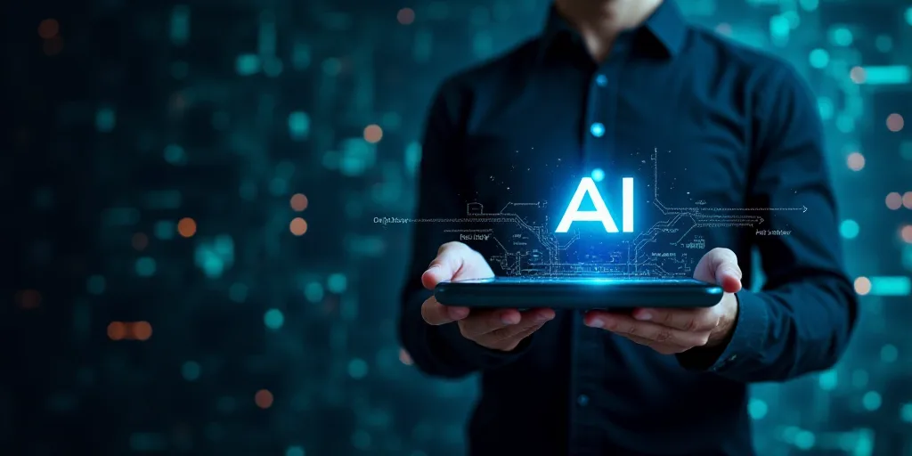 a man holding a tablet with the word ai on it and a circuit board in the background with his hands,
