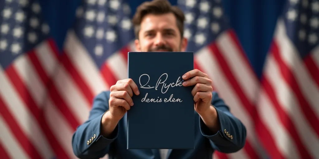 a man holding up a signed book in front of a flag and american flags in the background, with a signe