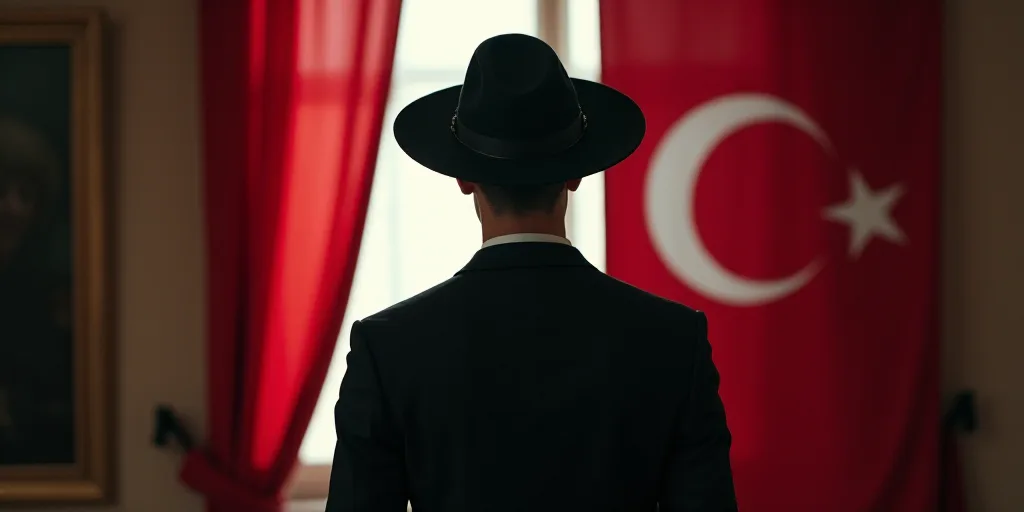 a man in a black hat standing in front of a flag and a window with a curtain behind him, Enki Bilal,