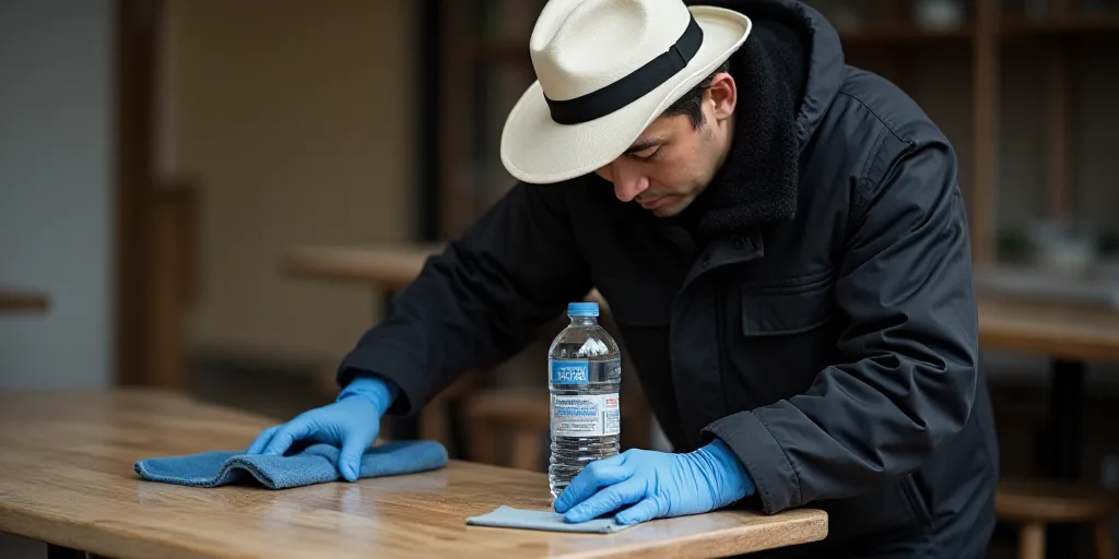 a man in a black jacket and a white hat is cleaning a table with a bottle of water and a blue towel,