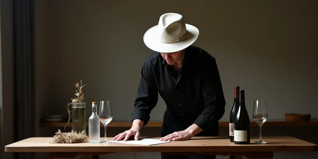 a man in a black jacket and a white hat is cleaning a table with a bottle of water and a bottle of w