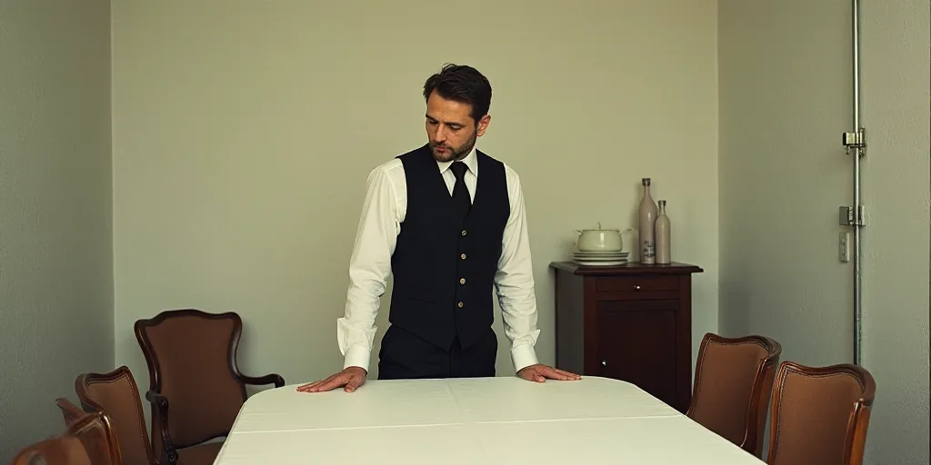 a man in a black vest and tie standing over a table with chairs and a white table with a white table